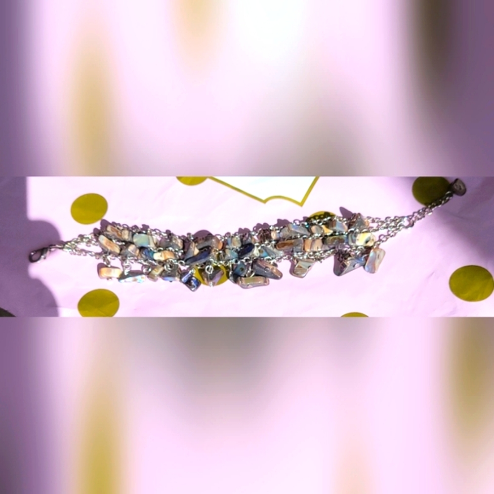 (8")🆕️🌟Stunning Silvertone Abalone Shell🌟Mother of Pearl Nugget Bracelet